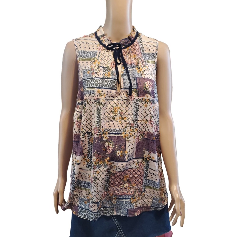 ModCloth Plus 1X Tie Front Ruffle Neck Patchwork Cottage Core Peasant Tank